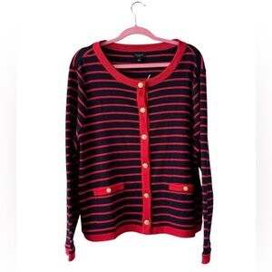 Talbots Striped Cardigan Sweater Size 2X Red Navy Preppy Button Front